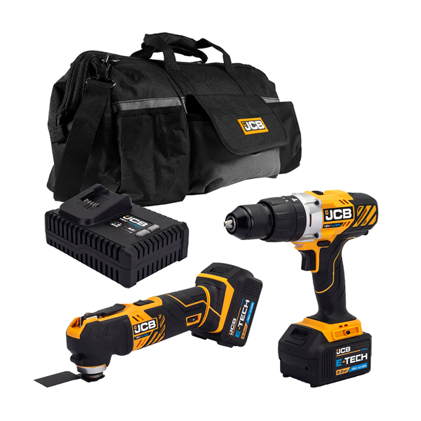 JCB 18V Cordless Combi Drill & Multi-Tool Twin Pack with 2 x 5.0Ah Batteries, Charger & Kit Bag