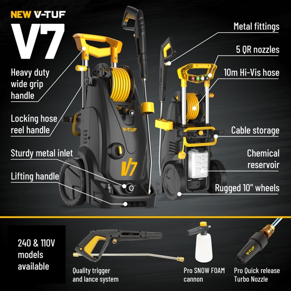 V-TUF V7 240v 195Bar, 7.2L/min Tough DIY Electric Pressure Washer - With Master PRO Patio & Car Cleaner Kit 