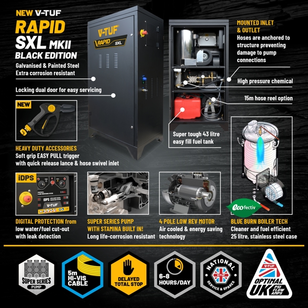 V-TUF RAPID SXL BE- 415V - 21 l/min 150 BAR STATIC HOT PRESSURE WASHER BLACK EDITION Cabinet 