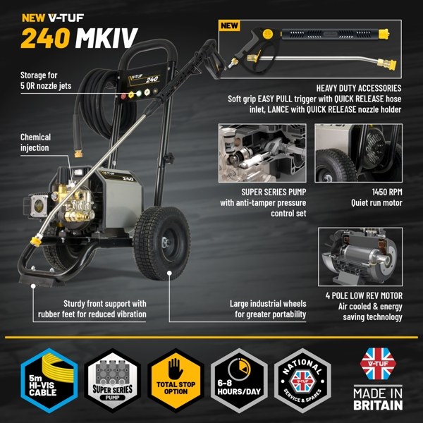 V-TUF 240TF - 240v Compact, Industrial, Mobile Electric Pressure Washer - 1450psi, 100Bar, 12L/min (TOTAL STOP) + COMMERCIAL FOAM SYSTEM