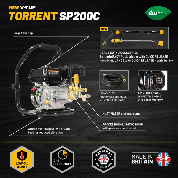 V-TUF TORRENT SP200 Industrial 7HP Petrol Pressure Washer - 2755psi, 190 Bar, 12L/min