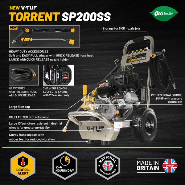 V-TUF TORRENT SP200 Industrial 7HP Petrol Pressure Washer - 2755psi, 190 Bar, 12L/min - Stainless Steel Frame 