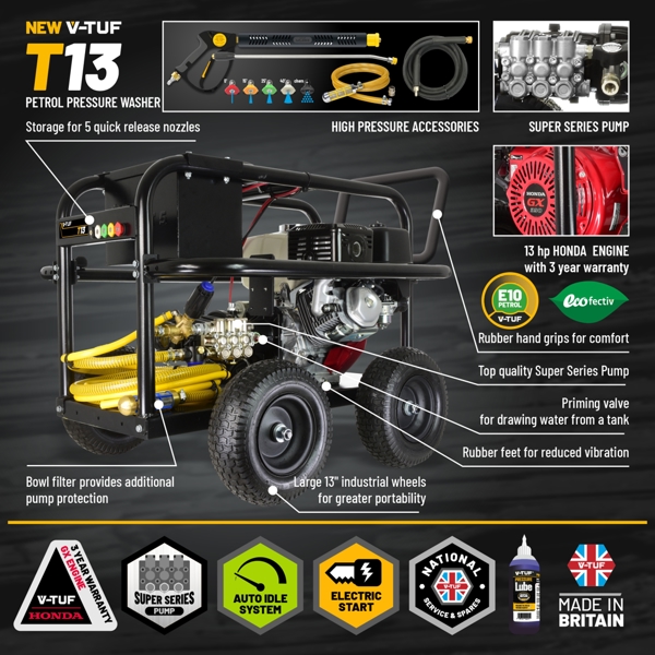 V-TUF T13 - 250Bar, 15L/min  13HP HONDA Driven Petrol Pressure Washer With Gearbox - Roll Cage Frame & Electric start