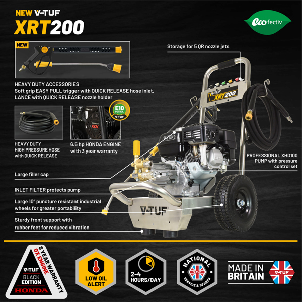 V-TUF XRT200 Industrial 6.5HP Petrol Pressure Washer with GX200 Honda Engine - 2755psi, 190Bar, 12L/min PUMP - With PATIO & CAR CLEANING KIT 