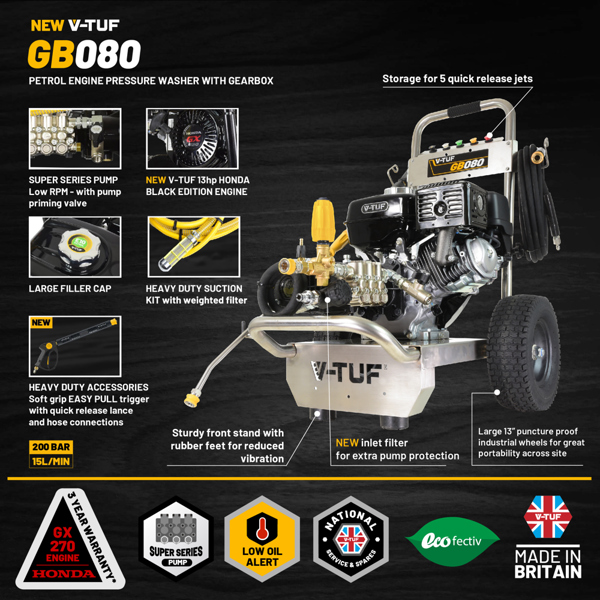 V-TUF GB080 Industrial 9HP Gearbox Driven Honda Petrol Pressure Washer - 2900psi, 200Bar, 15L/min - 21