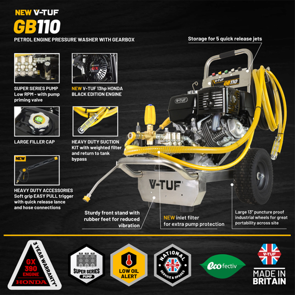 V-TUF GB110 Industrial 13HP Gearbox Driven Honda Petrol Pressure Washer - 3000psi, 200Bar, 21L/min & 21