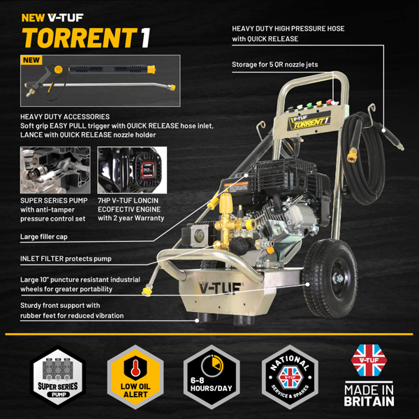 V-TUF TORRENT 1 190BAR 13L/MIN 7HP PETROL PRESSURE WASHER - 410mm Patio Cleaner, Turbo Nozzle & 5L DGREEN