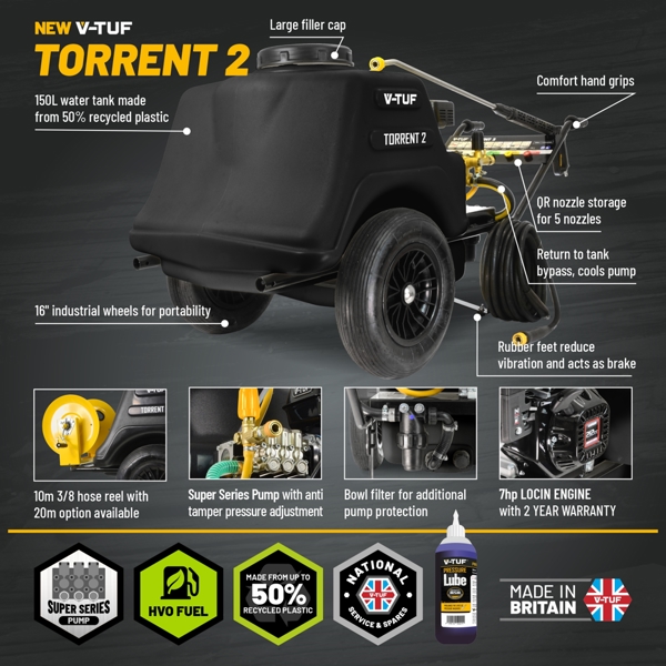 V-TUF TORRENT 2 7HP Mini-Bowser Petrol Pressure Washer 190 Bar, 13L/min + 19