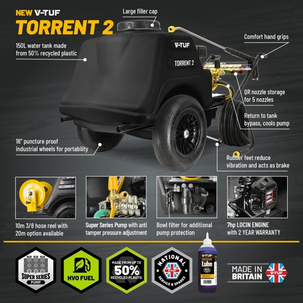 V-TUF TORRENT 2 7HP Mini-Bowser Petrol Pressure Washer 190 Bar, 13L/min + 19