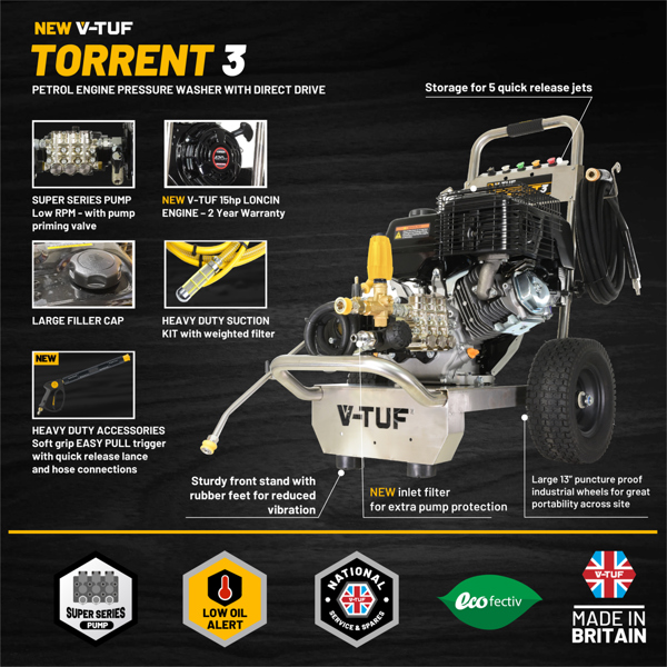 V-TUF TORRENT 3 Industrial 15HP Petrol Pressure Washer - 4000psi, 275Bar, 15L/min - 21