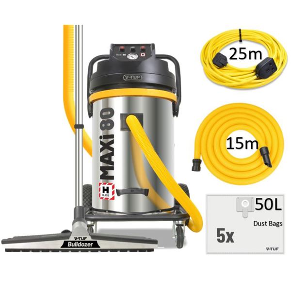 V-TUF MAXi - 80L H-Class 240v 3500w Dust Extraction Vacuum Cleaner - 450 mm WIDE Bulldoser Head & 15Metre Hose & 25M 
