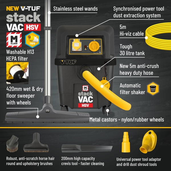 V-TUF STACKVAC HSV 110v 30L M-Class Dust Extractor - with Power Take Off - Health & Safety Version & 18L STACKPACK Tool Box Kit 