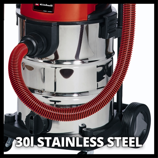 Einhell TE-VC 36/30 Li S-Solo PXC 36V 30 Litre Stainless Steel Wet and Dry Vac, Body Only  