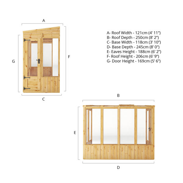 Mercia Woodsman Pent Lean-To Wooden Greenhouse 8 x 4 - Glass Glazing