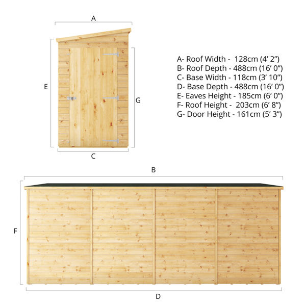 Mercia Shiplap Pent Wooden Shed 16 x 4 - Windowless