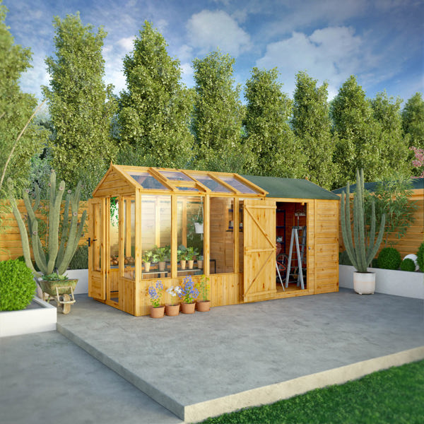 Mercia Woodsman Apex Greenhouse Combi Shed 14 x 6 - Glass Glazing