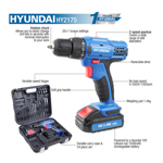 Hyundai HY2175 18V Cordless Drill with 1.5Ah Battery, Charger, Case & 54-Piece Accessory Kit thumbnail