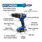 Hyundai HY2176 20V Cordless Drill Driver with 2.0Ah Battery, Charger, Case & 13-Piece Drill Bit Set thumbnail