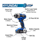 Hyundai HY2177 20V Cordless Impact Driver with 2.0Ah Battery, Charger, Case & 32-Piece Bit Set thumbnail