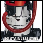 Einhell TE-VC 36/30 Li S-Solo PXC 36V 30 Litre Stainless Steel Wet and Dry Vac, Body Only thumbnail